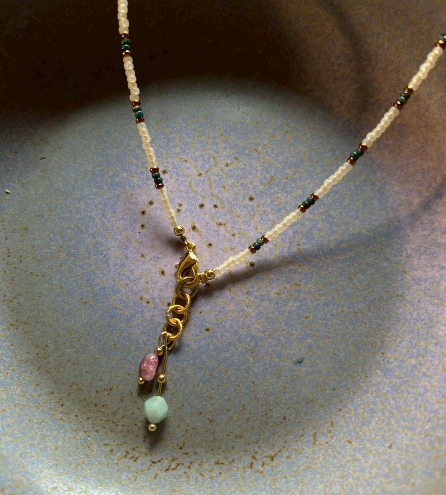 Misty White Glass Beaded Necklace with Natural Amazonite & Rose Tourmaline Charms