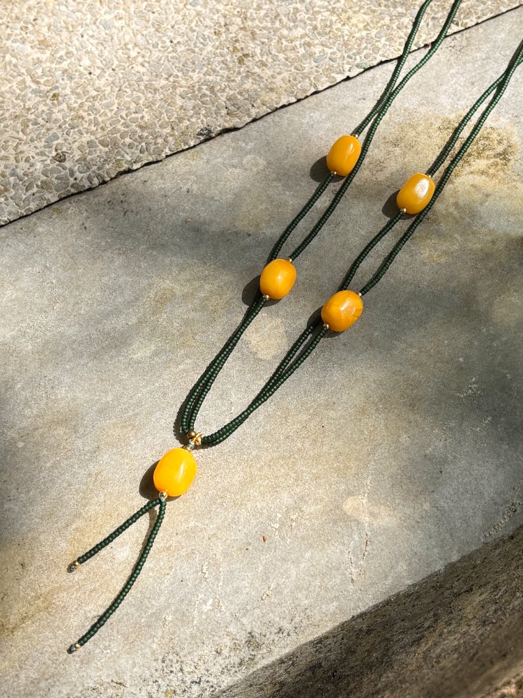 Dark Green Glass Beaded Double-Strand Necklace(Amber)