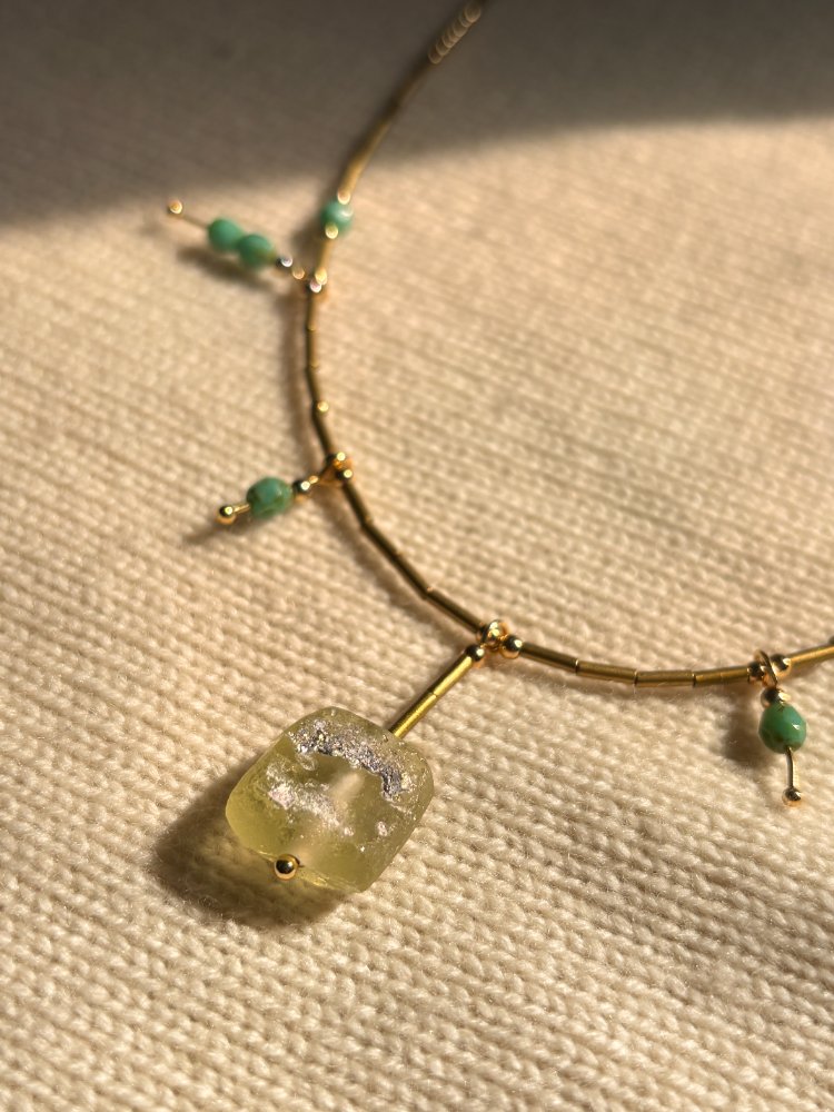 Linear Bohemian Brass Tube Bead & Roman Glass Necklace, handmade by Duoduoxiang