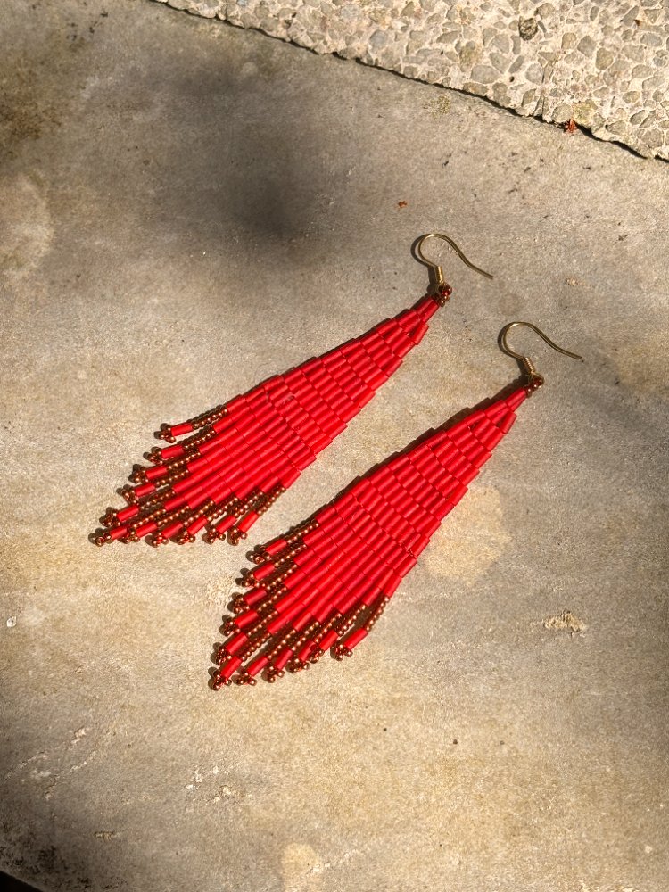 Handwoven Glass Beaded Tassel Earrings – Crimson Red, handmade by Duoduoxiang