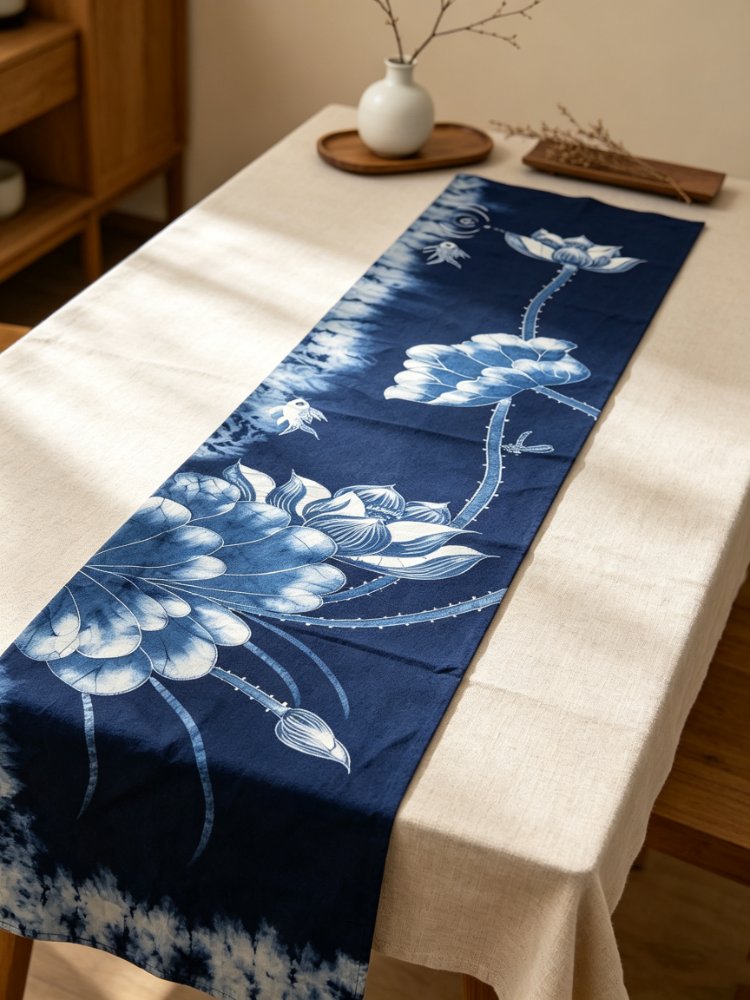 Hand-Dyed Blue Table Runner,For keep the table tidy,Lotus Zen Table Cover, Rustic Farmhouse Dining Decor,Housewarming Gift,Gift for her, handmade by Ceralo Studio