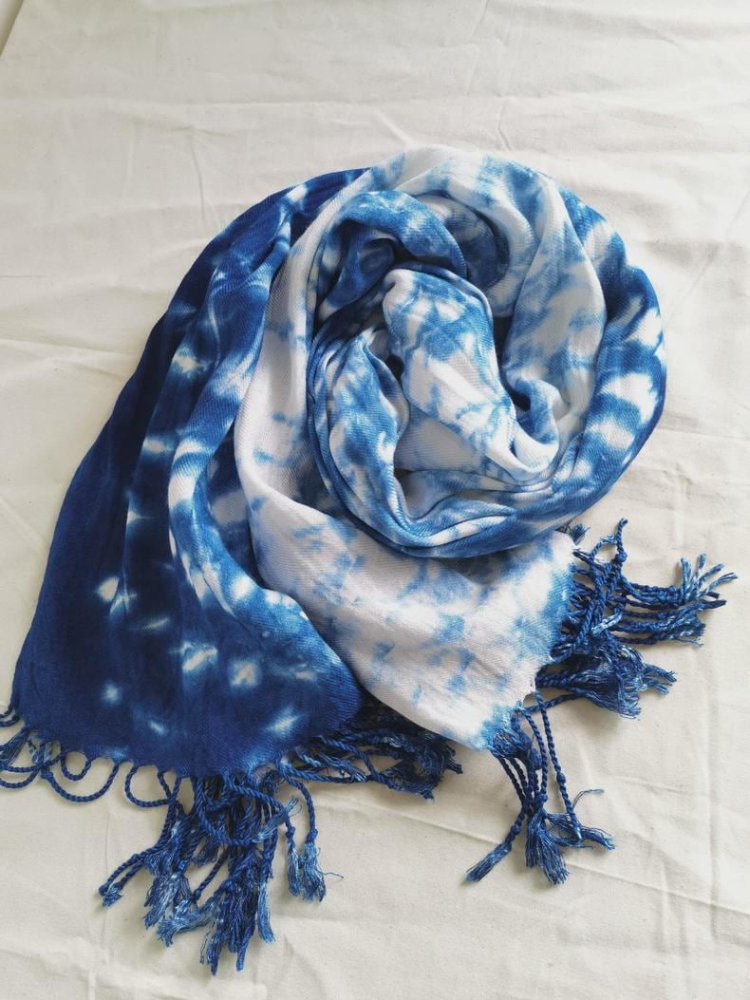 Shibori Shawl Wrap, Indigo Hand Dyed Cotton Scarf, Block Print Style Winter Wrap, Soft Fringe Shawl, Boho Neckerchief for Women, handmade by Ceralo Studio