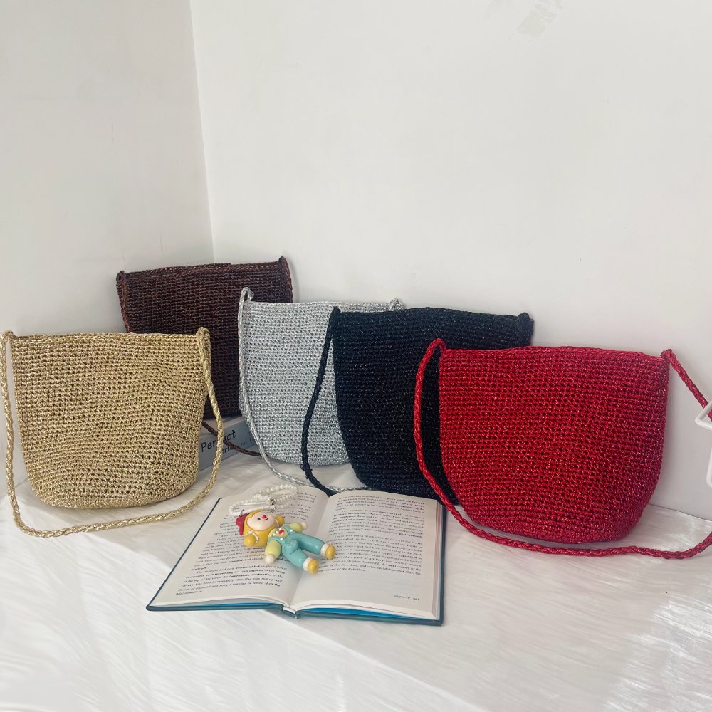 Hand Crochet Glitter Metallic Thread Bucket Crossbody Bag, Multi-color Shimmer Woven Small Shoulder Bag, Casual Summer Sparkly Handbag