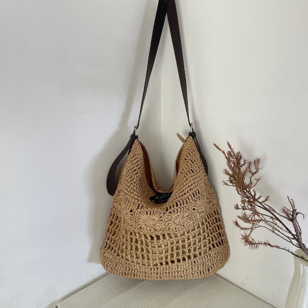 Hand Crochet Paper Rope Hobo Bag, Hollow Woven Shoulder Bag with Adjustable Leather Strap, Summer Beach Tote Bag for Women