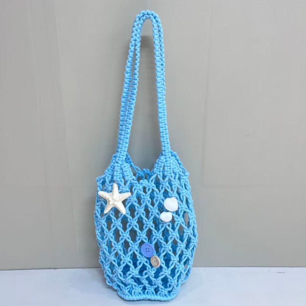 Blue Hollow Mesh Cotton Rope Crochet Bag, Handmade Starfish Shell Decor Beach Shoulder Bag, Boho Summer Market Woven Tote Bag