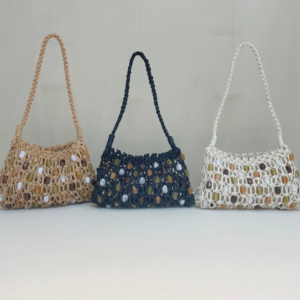 Hand Woven Cotton Rope Mesh Shoulder Bag, Boho Hollow Crochet Bag with Colorful Beads, Summer Beach Handbag for Women