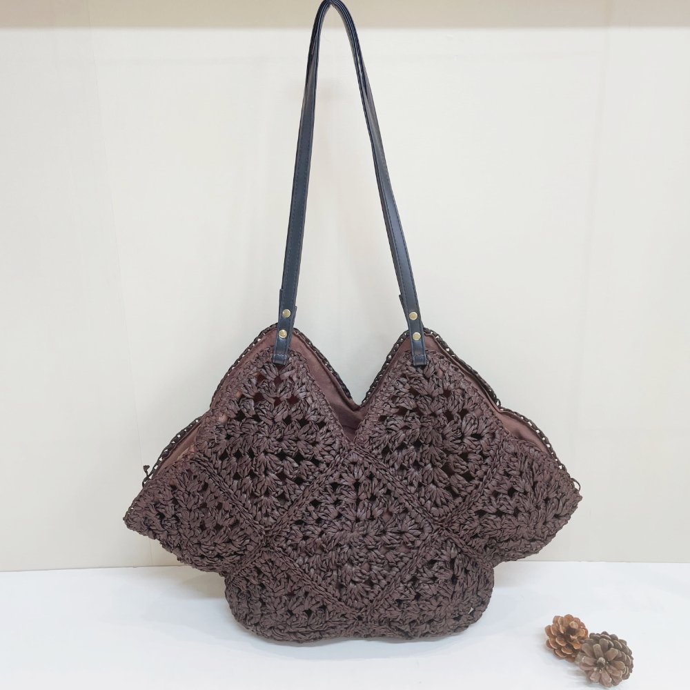 Handwoven Monofilament Crochet Tote Bag, Floral Hollow Weave Shoulder Bag with PU Strap