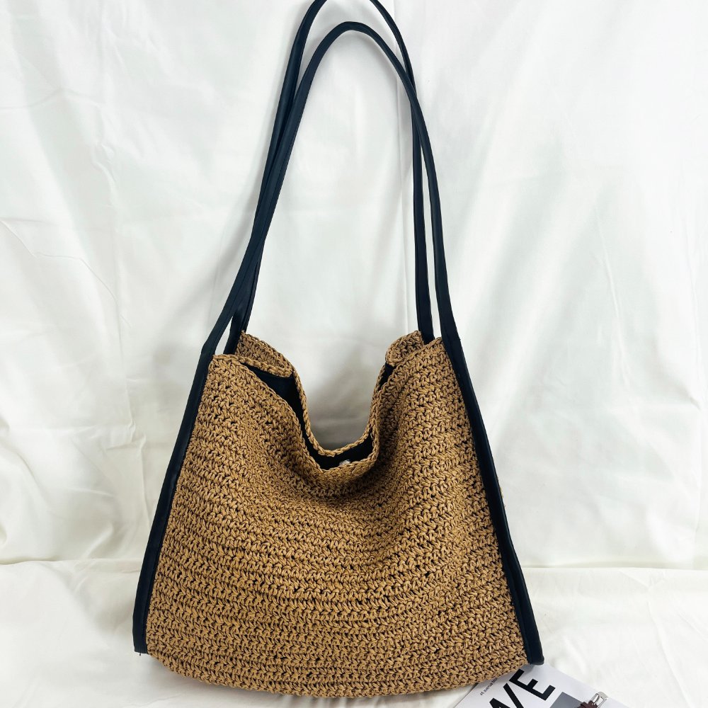 Hand Crochet Paper Straw Tote Bag, Large Woven Shoulder Bag with Black PU Handles, Casual Summer Beach Straw Hobo Bag