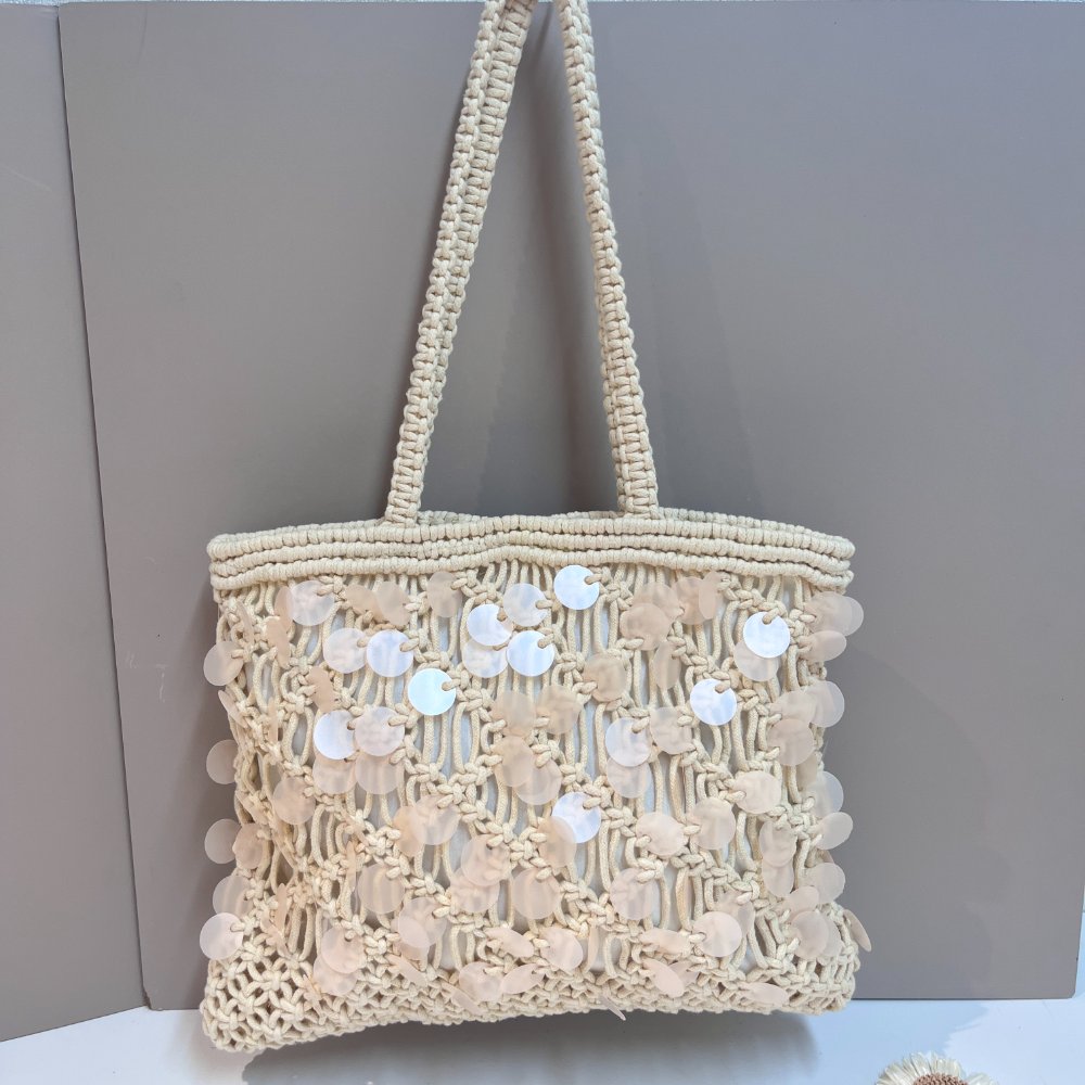 Hand Crochet Cotton Rope Mesh Tote Bag, Cream Openwork Shoulder Bag with Frosted Sequins, Boho Summer Woven Beach Handbag