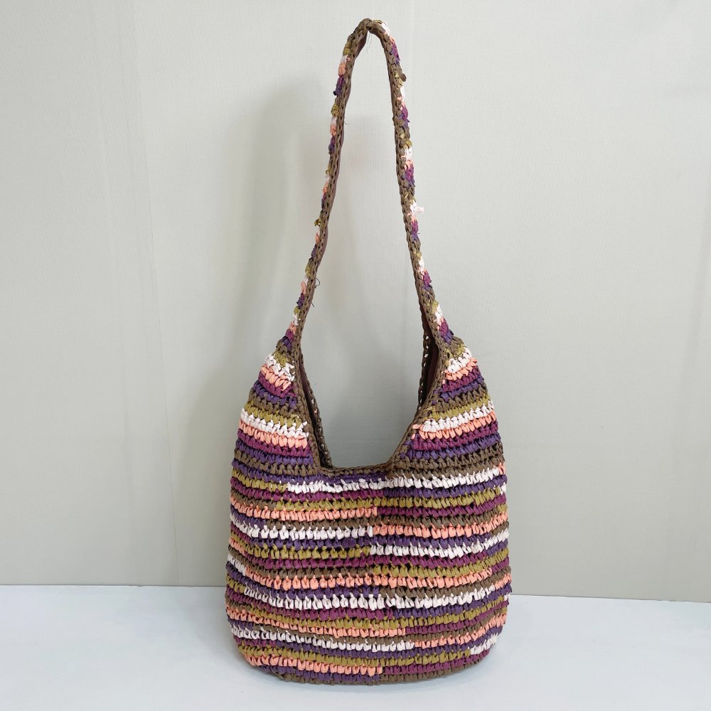 Striped multi-color women's handbag, hand woven crochet shoulder bag, summer Bohemian beach vacation bag
