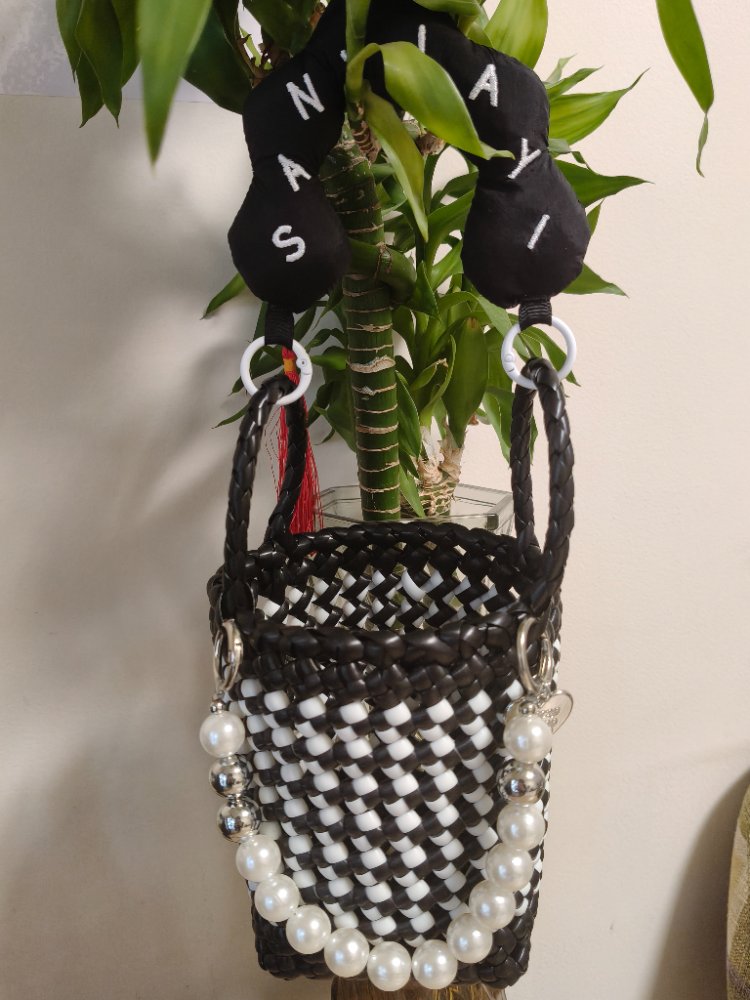 Handmade Mini Black White Checkered Coffee Bag, handmade by QU'S Artisan Atelier
