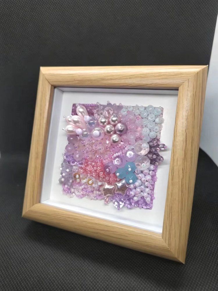 原创手作紫粉渐变珍珠串珠框画 重工立体珠饰桌面装饰摆件
