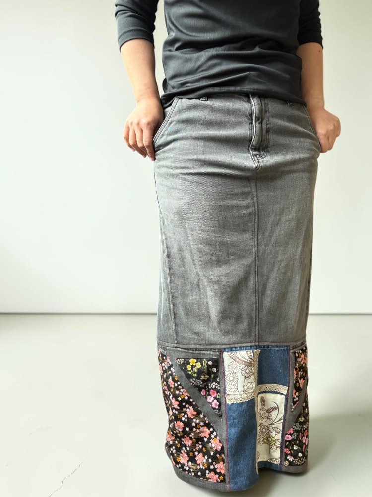 Do Not Waste an Ordinary Day – Grey Denim Patchwork Maxi Skirt, One of a Kind