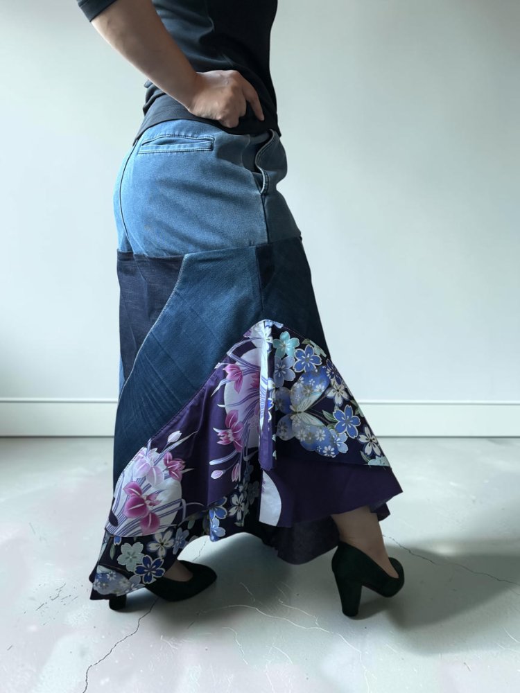 Take a Different Route – Asymmetrical Denim Maxi Skirt with Japanese Floral Textile